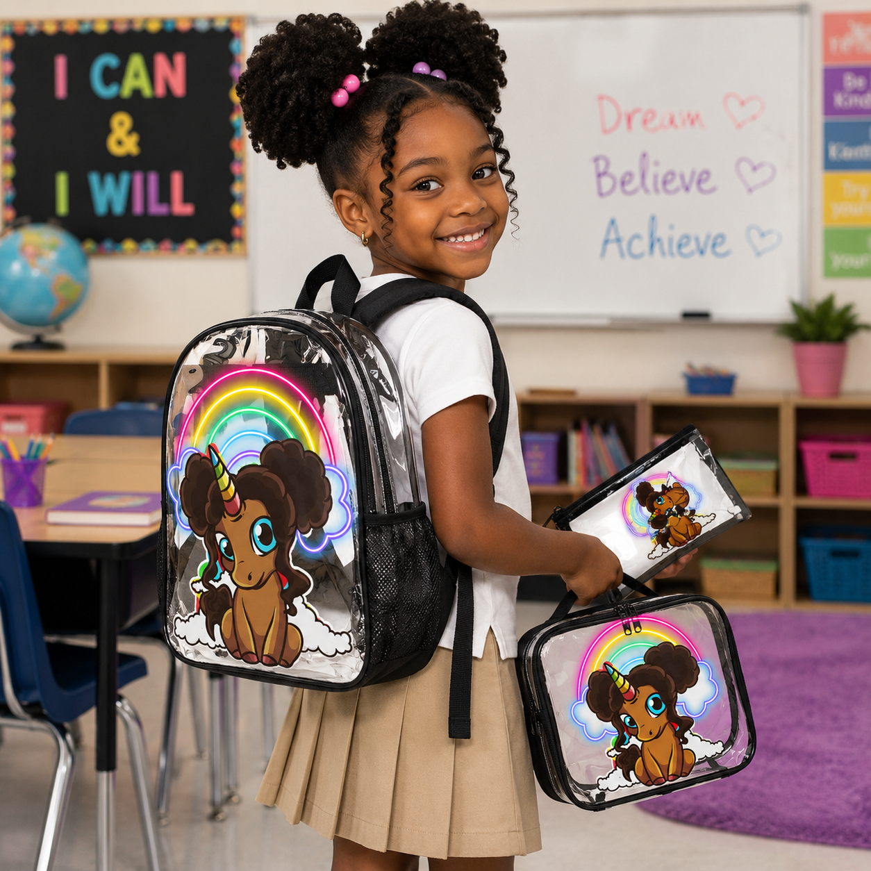 Afro Unicorn Clear Backpack 3pc Set